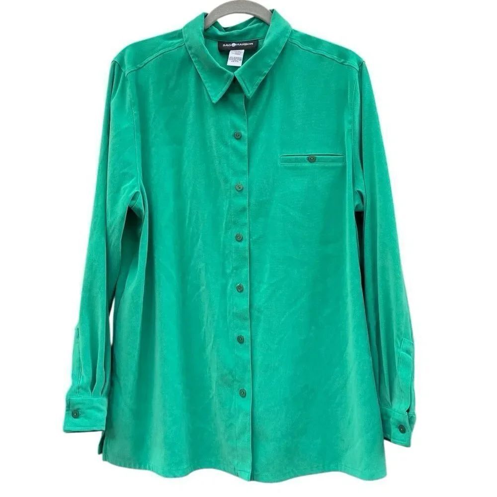 Sag Harbor Women's Vintage Green Suede Feel Button Down Blouse Size 18